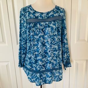 Gap Women’s Top Blouse Blue Floral Mesh Front, Peasant, Prairie Cottagecore SZ M